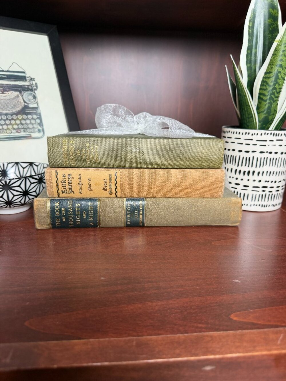 Vintage Book Set of 3 GREEN GOLD TAN Old Antiquarian Rare Decoration Small Books